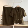 V4105 Chân Váy Bút Chì Linen Nâu