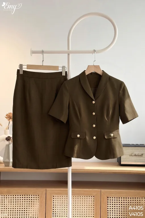 V4105 Chân Váy Bút Chì Linen Nâu