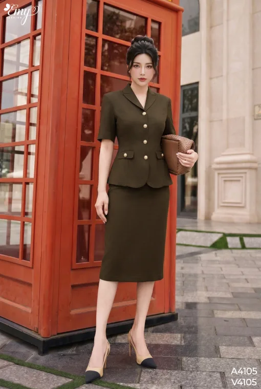 V4105 Chân Váy Bút Chì Linen Nâu