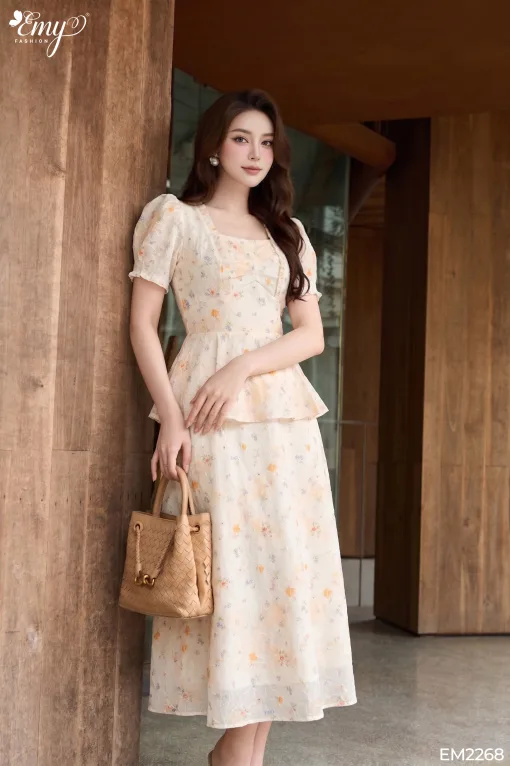 EM2268 Đầm Xòe Peplum Voan Hoa Thêu Nổi