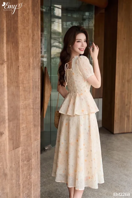 EM2268 Đầm Xòe Peplum Voan Hoa Thêu Nổi