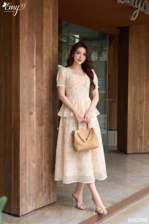 EM2268 Đầm Xòe Peplum Voan Hoa Thêu Nổi