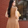 EM2271 Đầm Xoè Nâu Chấm Bi Tay Con
