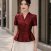 A4119 Áo Cổ Đắp Gấm Đỏ Peplum