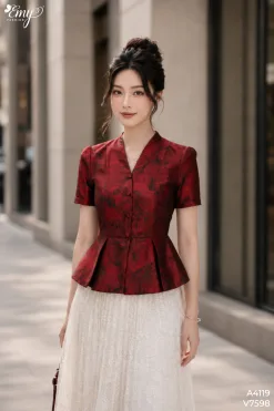 A4119 &Aacute;o Cổ Đắp Gấm Đỏ Peplum