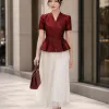 A4119 Áo Cổ Đắp Gấm Đỏ Peplum