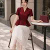 A4119 Áo Cổ Đắp Gấm Đỏ Peplum