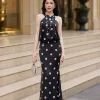 EM9813 Set Áo Và Váy Satin Đen Bi Cổ Yếm