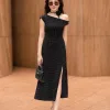 EM9814 Đầm Lệch Vai Tơ Nhăn Đen Khoét Eo