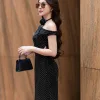 EM9814 Đầm Lệch Vai Tơ Nhăn Đen Khoét Eo
