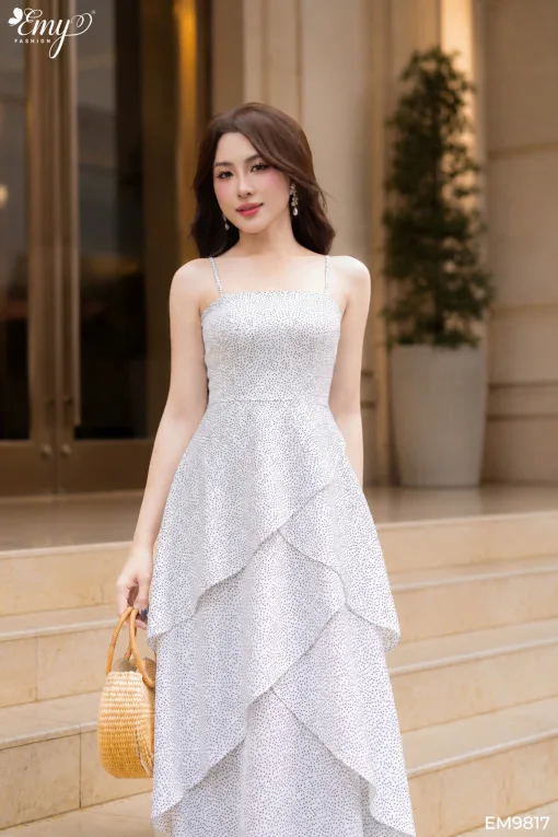 EM9817 Đầm Xòe Xếp Tầng Vải Mango Bi 2 Dây