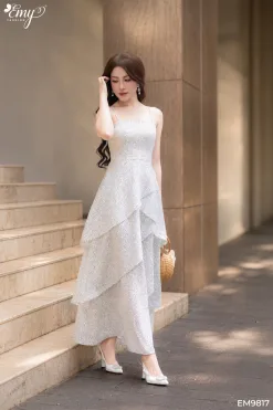 EM9817 Đầm X&ograve;e Xếp Tầng Vải Mango Bi 2 D&acirc;y