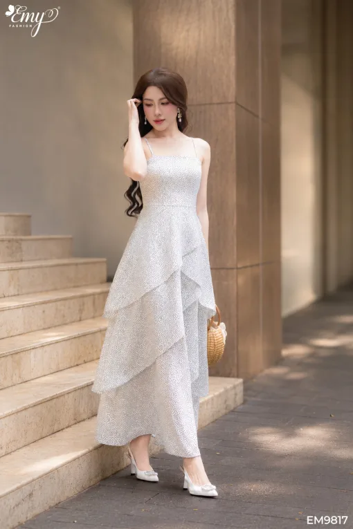 EM9817 Đầm Xòe Xếp Tầng Vải Mango Bi 2 Dây