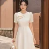EM2273 Đầm Xòe Taffta Phối Nơ Cổ Đính Đá