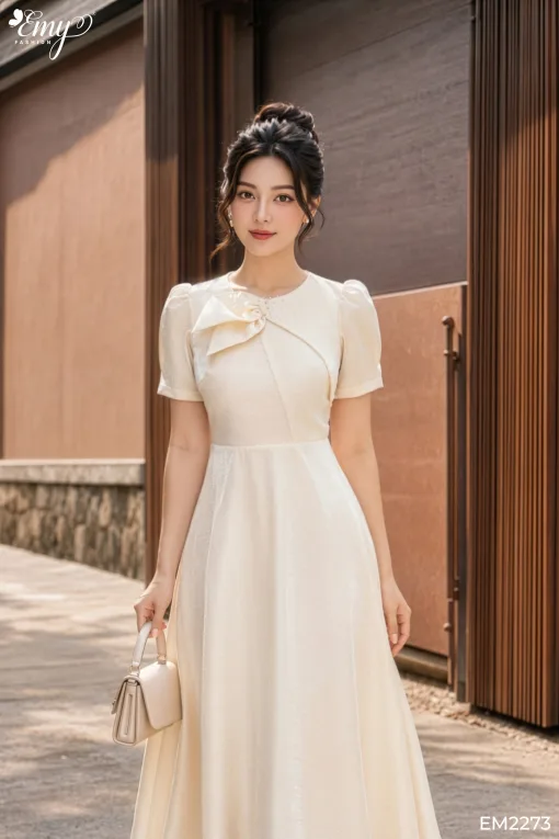 EM2273 Đầm Xòe Taffta Phối Nơ Cổ Đính Đá