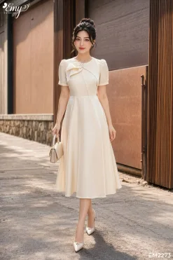 EM2273 Đầm X&ograve;e Taffta Phối Nơ Cổ Đ&iacute;nh Đ&aacute;