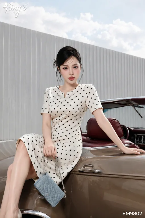 EM9802 Đầm Xòe A Xược Chấm Bi Cổ Tròn