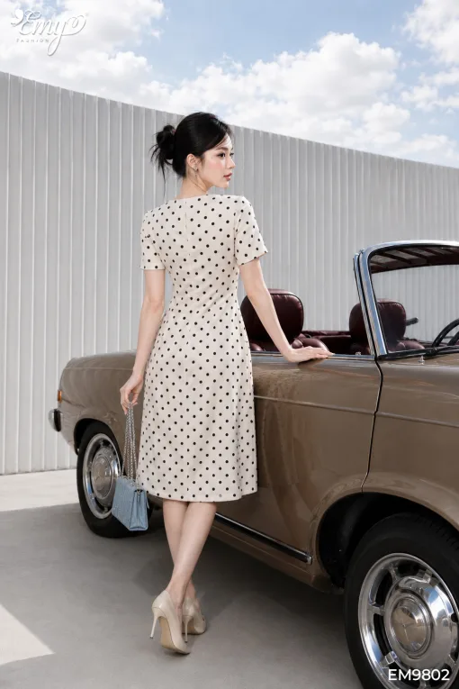 EM9802 Đầm Xòe A Xược Chấm Bi Cổ Tròn