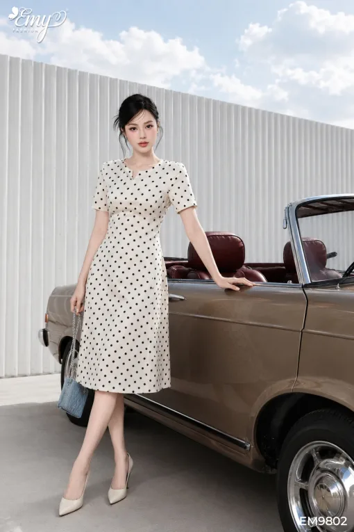 EM9802 Đầm Xòe A Xược Chấm Bi Cổ Tròn