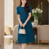 EM9828 Đầm Suông Tafta Xanh Cổ Vịt