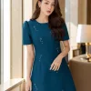 EM9828 Đầm Suông Tafta Xanh Cổ Vịt