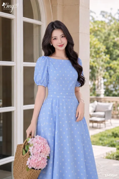 EM9541 Đầm Maxi Voan Tơ Bi Xanh