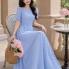 EM9541 Đầm Maxi Voan Tơ Bi Xanh