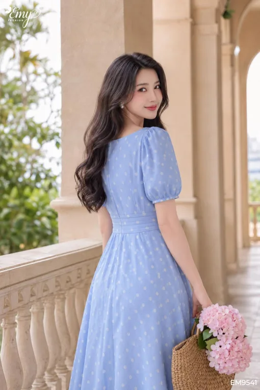 EM9541 Đầm Maxi Voan Tơ Bi Xanh