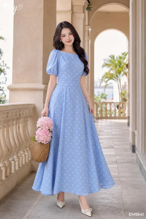 EM9541 Đầm Maxi Voan Tơ Bi Xanh