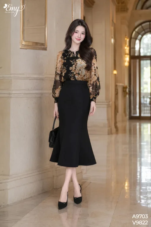 V9822 Chân Váy Đuôi Cá Linen Đen