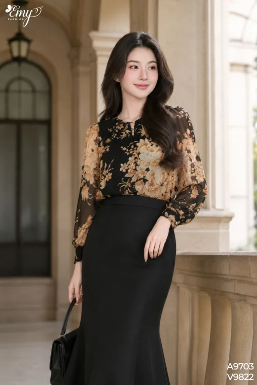 V9822 Chân Váy Đuôi Cá Linen Đen