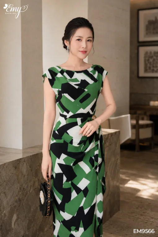 EX9566 Đầm Body A Lụa Mango Xanh