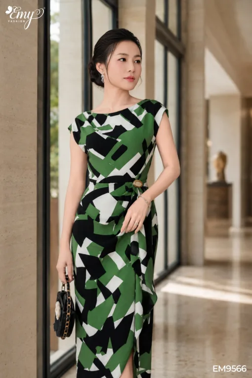 EX9566 Đầm Body A Lụa Mango Xanh