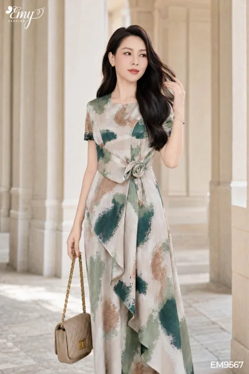 EX9567 Đầm Xòe Hoa Tiết Màu Loang