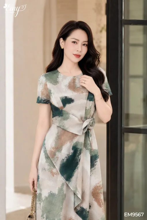 EX9567 Đầm Xòe Hoa Tiết Màu Loang