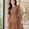 Đầm xòe dạo phố màu nâu voan tơ EM9801