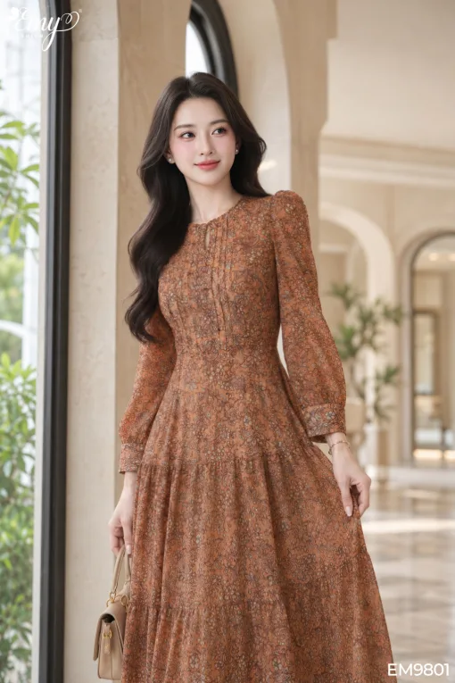 Đầm xòe dạo phố màu nâu voan tơ EM9801