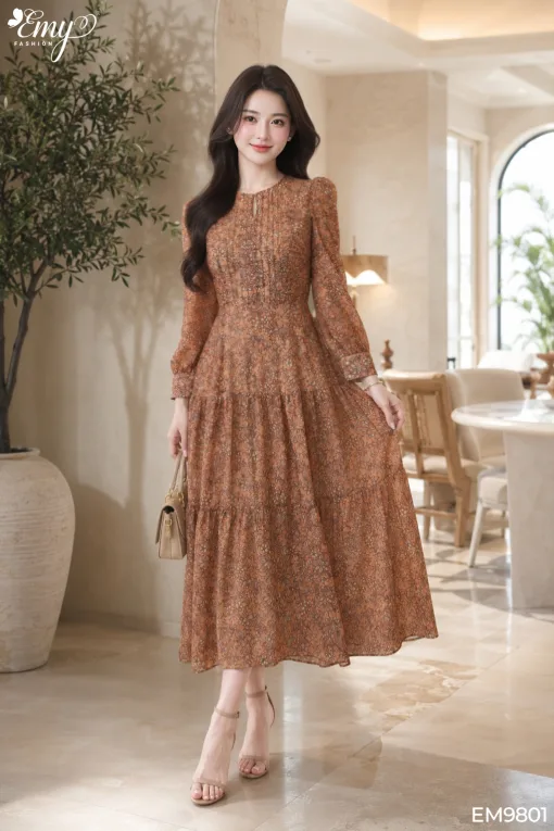 Đầm xòe dạo phố màu nâu voan tơ EM9801