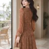 Đầm xòe dạo phố màu nâu voan tơ EM9801