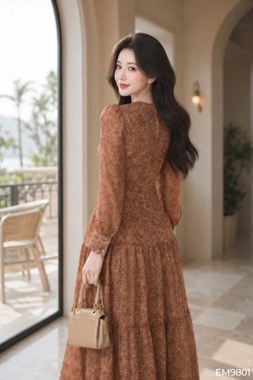 Đầm xòe dạo phố màu nâu voan tơ EM9801