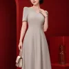 Đầm xòe dạo phố Xám cổ V linen EM9825