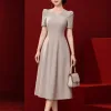 Đầm xòe dạo phố Xám cổ V linen EM9825