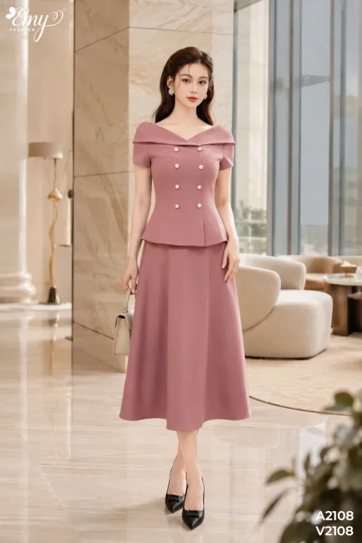EM2108 Set Áo Váy Cotton Hàn Hồng Đất