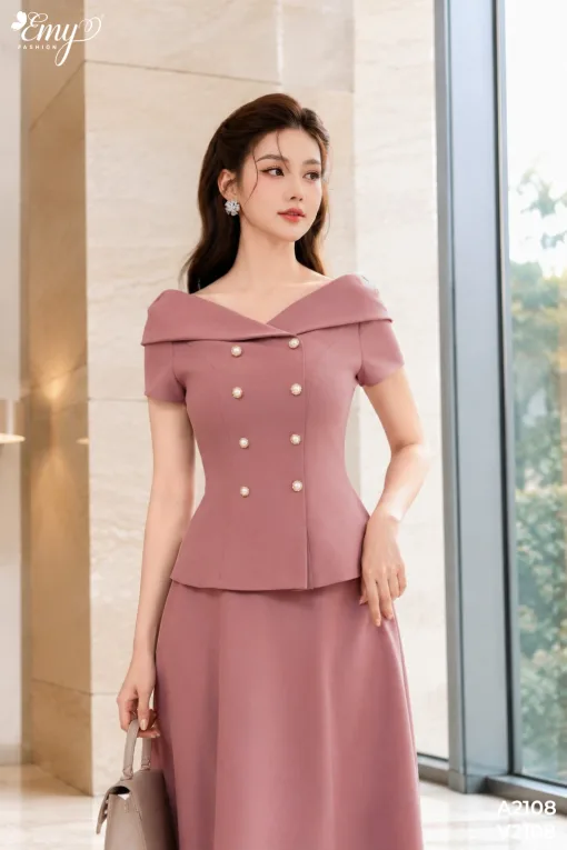 EM2108 Set Áo Váy Cotton Hàn Hồng Đất