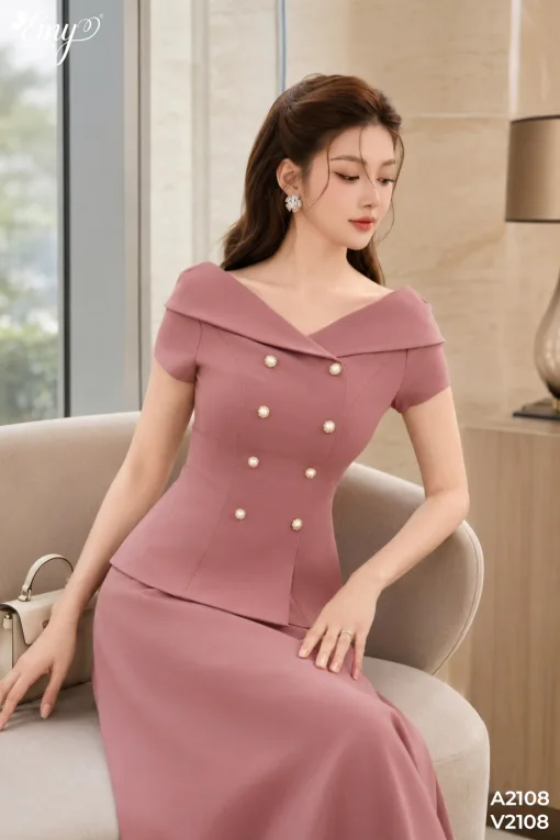 EM2108 Set Áo Váy Cotton Hàn Hồng Đất