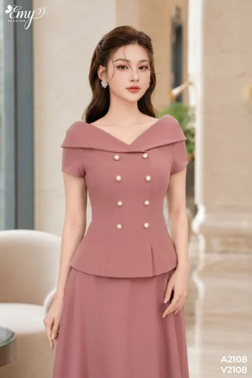 EM2108 Set Áo Váy Cotton Hàn Hồng Đất