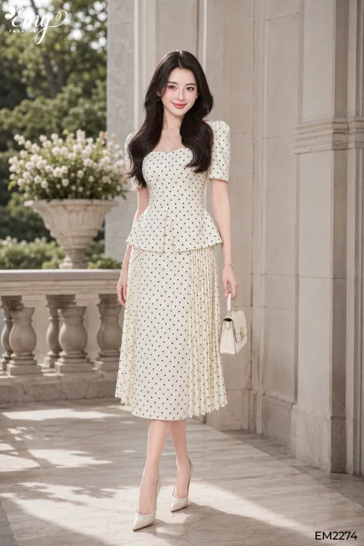 Đầm xòe công sở họa tiết bi kem EM2274