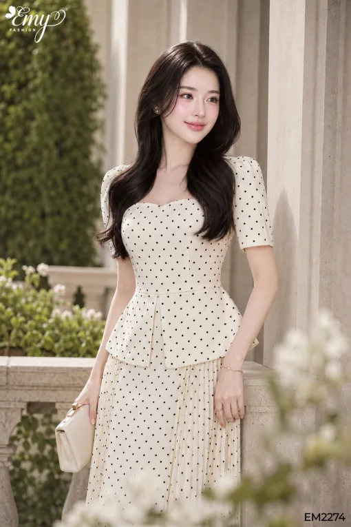 Đầm xòe công sở họa tiết bi kem EM2274