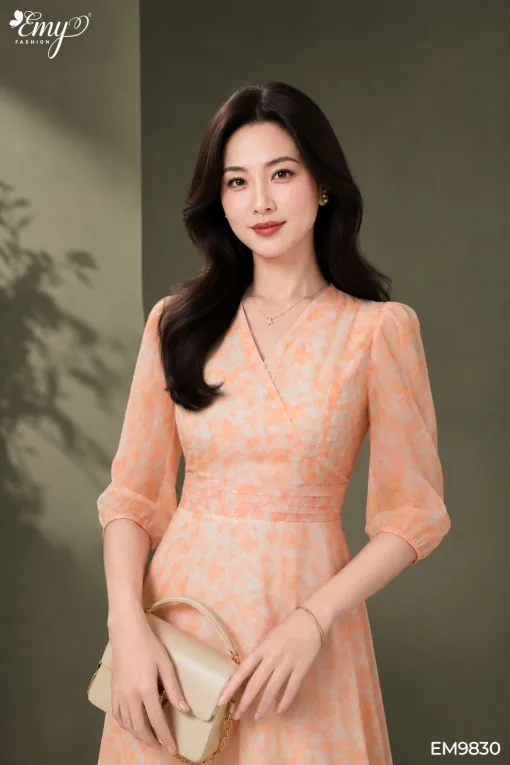 EM9830 Đầm Maxi Voan Tơ Hoa Cam Tay Lỡ
