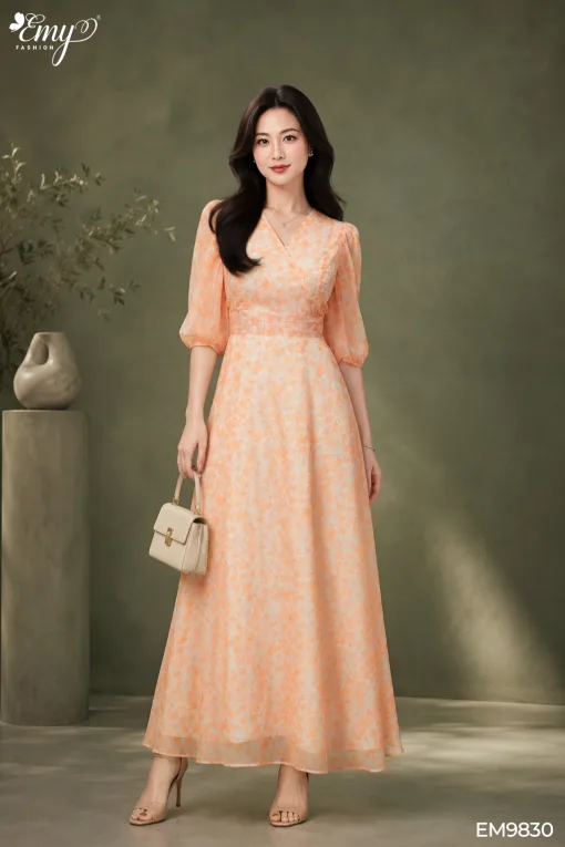 EM9830 Đầm Maxi Voan Tơ Hoa Cam Tay Lỡ